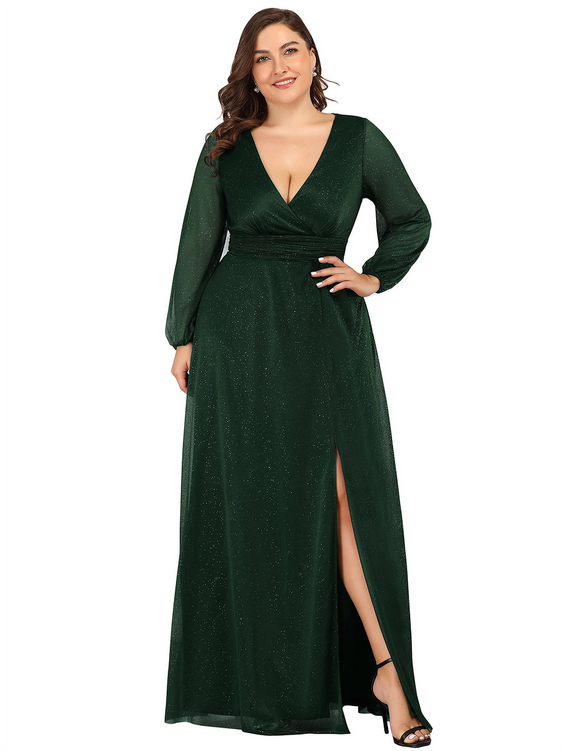Ever-Pretty Women's Leg Slit V-neck Sparkle plus size Evening Party Dress  with Sleeves 07392 Dark Green US14 - Walmart.com